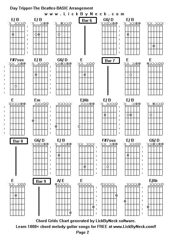 Chord Grids Chart of chord melody fingerstyle guitar song-Day Tripper-The Beatles-BASIC Arrangement,generated by LickByNeck software.